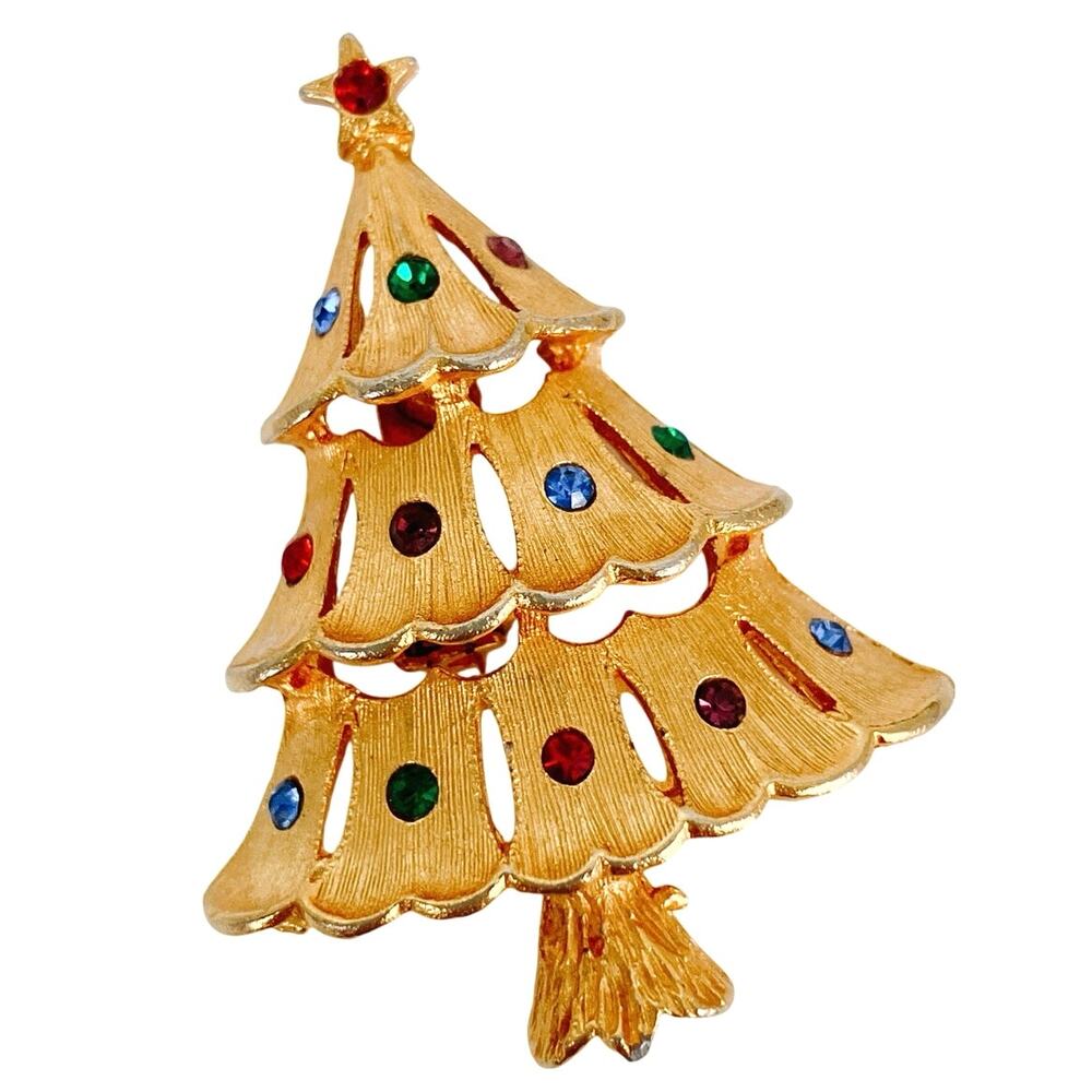 VTG Signed JJ Jonette Gold Tone Christmas Tree Brooch Pin Colorful Crystals